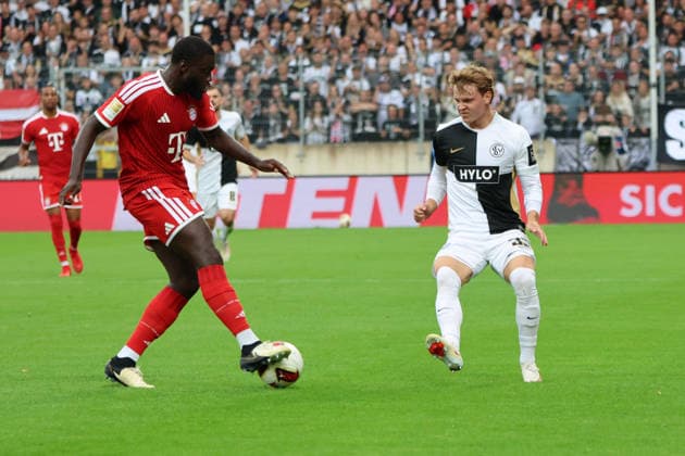 13.09.2026, Fussball, Herren, 1. Bundesliga, Saison 2026 2027, SV 07 Elversberg - FC Bayern München, Dayot Upamecano (FC Bayern München), Cole Campbell (SV 07 Elversberg) Elversberg Ursapharm-Arena an der Kaiserlinde Saarland Deutschland (DEU) Copyright: xFabianxKleerx