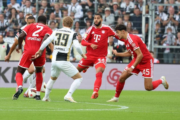 13.09.2026, xrekx, Fussball 1.Bundesliga, SV Elversberg - FC Bayern München v.l. Jan Gyamerah (SV 07 Elversberg) Dayot Upamecano (FC Bayern Muenchen) Cole Campbell (SV 07 Elversberg) Ismael Saibari (FC Bayern Muenchen) Aleksandar Pavlovic (FC Bayern Muenchen) (DFL DFB REGULATIONS PROHIBIT ANY USE OF PHOTOGRAPHS as IMAGE SEQUENCES and or QUASI-VIDEO) Elversberg