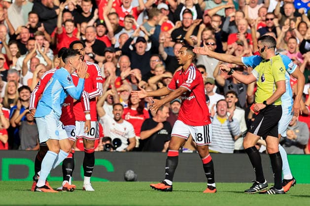 Manchester United, ManU v Manchester City, Premier League Phil Foden (47) of Manchester City receives a red card for a foul on Bruno Fernandes (8) of Manchester United during the Premier League match between Manchester United and Manchester City at Old Trafford, Manchester, UK on 13 September 2026. Manchester Old Trafford Greater Manchester UK Editorial use only DataCo restrictions apply See www.football-dataco.com , Copyright: xConorxMolloyx PSI-24872-0028