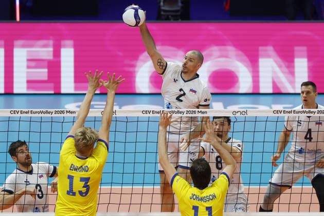 IPA88487132 - Alen Pajenk, No. 2 on Team Slovenia, in action during the CEV Enel EuroVolley 2026 match between Slovenia and Sweden at PalaPanini on September 13, 2026, in Modena, Italy.  Copyright: xRichardxMorgano IPAxSportx xx IPA88487132