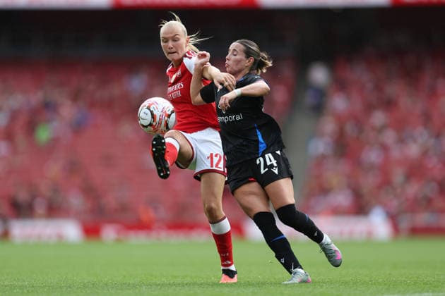 Arsenal v Palace Women 13 September 2026, London - Barclays Women™s Super League Football - Arsenal v Crystal Palace Women - Frida Maanum of Arsenal and Shanade Hopcroft of Crystal Palace - Photo: Charlotte Wilson Offside. London UK Copyright: xCharlottexWilsonx xOffsidexOffside