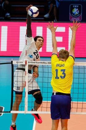 IPA88487509 - Nik Mujanovic 20 of Team Slovenia in action during the CEV Enel EuroVolley 2026 match between Slovenia and Sweden at PalaPanini on September 13, 2026, in Modena, Italy.  Copyright: xRichardxMorgano IPAxSportx xx IPA88487509