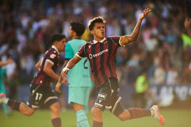 Roger Brugue (Levante UD) celebrates after scoring his team˜s second goal during the LaLiga EA Sports match between Levante UD and FC Barcelona, Barca at Estadi Ciutat de Valencia on September 13, 2026 in Valencia, Spain. -