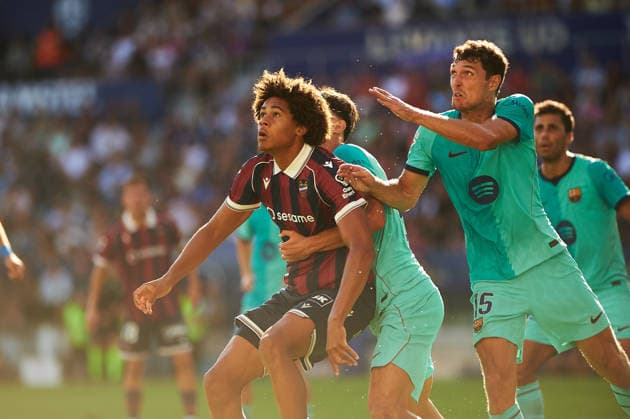 Ifeanyi Ndukwe (Levante UD) and Christensen FC Barcelona, Barca during the LaLiga EA Sports match between Levante UD and FC Barcelona at Estadi Ciutat de Valencia on September 13, 2026 in Valencia, Spain. -