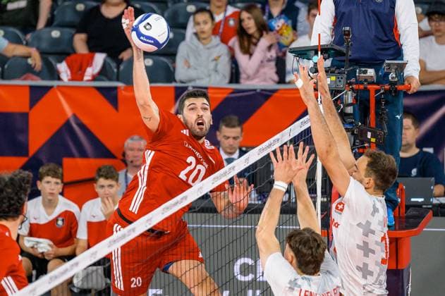 Turkiye - Switzerland - CEV EuroVolley 2026 Men CLUJ-NAPOCA, ROMANIA - SEPTEMBER 13: Efe Bayram (20) of Turkiye in action during the CEV EuroVolley 2026 Group D match between Turkiye and Switzerland at BT Arena in Cluj-Napoca, Romania, on September 13, 2026. Stringer Anadolu Cluj-Napoca Romania. Editorial use only. Please get in touch for any other usage.  Copyright: x2026xAnadoluxStringerx