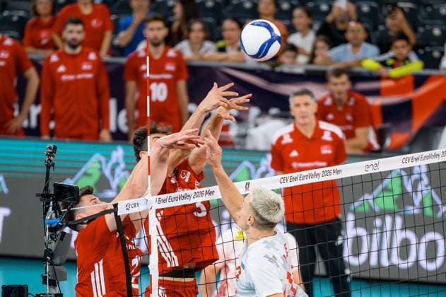 Turkiye - Switzerland - CEV EuroVolley 2026 Men CLUJ-NAPOCA, ROMANIA - SEPTEMBER 13: Murat Yenipazar (L) of Turkiye in action during the CEV EuroVolley 2026 Group D match between Turkiye and Switzerland at BT Arena in Cluj-Napoca, Romania, on September 13, 2026. Stringer Anadolu Cluj-Napoca Romania. Editorial use only. Please get in touch for any other usage.  Copyright: x2026xAnadoluxStringerx