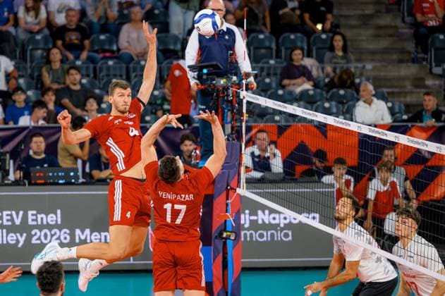 Turkiye - Switzerland - CEV EuroVolley 2026 Men CLUJ-NAPOCA, ROMANIA - SEPTEMBER 13: Ahmet Baltaci (4) of Turkiye in action during the CEV EuroVolley 2026 Group D match between Turkiye and Switzerland at BT Arena in Cluj-Napoca, Romania, on September 13, 2026. Stringer Anadolu Cluj-Napoca Romania. Editorial use only. Please get in touch for any other usage.  Copyright: x2026xAnadoluxStringerx
