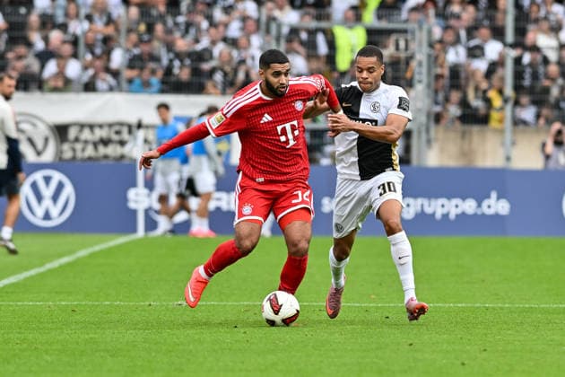 1. Fussball Bundesliga: SV Elversberg - FC Bayern Muenchen, 13.09.2026 ELVERSBERG, GERMANY; 13. SEPTEMBER: im Duell Ismael SAIBARI (FC Bayern Munich 34) und Jan GYAMERAH (SV Elversberg 30) während dem Match der Bundesliga zwischen der SV Elversberg und dem FC Bayern München am 3. Spieltag in der Ursapharm-Arena an der Kaiserlinde DFL REGULATIONS PROHIBIT ANY USE OF PHOTOGRAPHS AS IMAGE SEQUENCES AND OR QUASI-VIDEO Copyright: xBEAUTIFULxSPORTS Goldbergx
