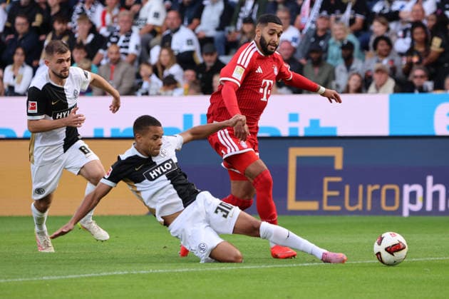 13.09.2026, Fussball, Herren, 1. Bundesliga, Saison 2026 2027, SV 07 Elversberg - FC Bayern München, Jan Gyamerah (SV 07 Elversberg), Ismael Saibari (FC Bayern München) Elversberg Ursapharm-Arena an der Kaiserlinde Saarland Deutschland (DEU) Copyright: xFabianxKleerx