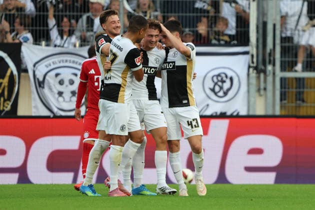 13.09.2026, Fussball, Herren, 1. Bundesliga, Saison 2026 2027, SV 07 Elversberg - FC Bayern München, Torjubel zum 1:1, Torschütze: Maurice Krattenmacher (SV 07 Elversberg) Elversberg Ursapharm-Arena an der Kaiserlinde Saarland Deutschland (DEU) Copyright: xFabianxKleerx
