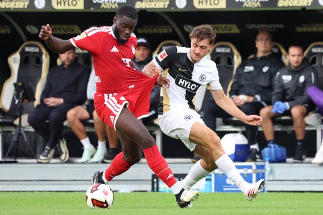 13.09.2026, xrekx, Fussball 1.Bundesliga, SV Elversberg - FC Bayern München v.l. Dayot Upamecano (FC Bayern Muenchen) Maurice Krattenmacher (SV 07 Elversberg) Zweikampf, Aktion, action, battle for the ball (DFL DFB REGULATIONS PROHIBIT ANY USE OF PHOTOGRAPHS as IMAGE SEQUENCES and or QUASI-VIDEO) Elversberg