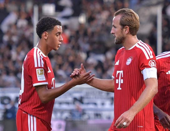 13.09.2026, xblx, Fussball 1.Bundesliga, SV Elversberg - FC Bayern München v.l. Jamal Musiala (FC Bayern Muenchen), Harry Kane (FC Bayern Muenchen) (DFL DFB REGULATIONS PROHIBIT ANY USE OF PHOTOGRAPHS as IMAGE SEQUENCES and or QUASI-VIDEO) Elversberg
