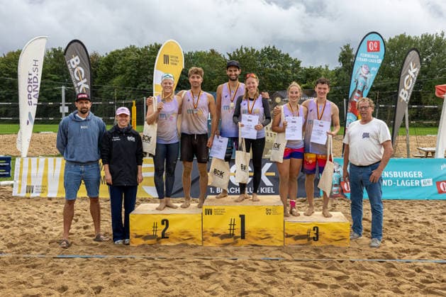 13.09.2026 Beachvolleyball 1. Beachclub Kiel e.V. Deutsche Mixed Meisterschaften Spieler:innen V.l.n.r.: Anna Behlen, Justus Odebrecht, Kai Pilz, Lena Pilz, Julia Weber, Maarten Eichler Kiel Beachanlage Nordmarksportfeld Schleswig Holstein Deutschland