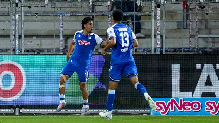 v.li.: Torschütze Yasin Zor (TSG II, 10), Tristan Spranger (TSG II, 13), Spieler der TSG 1899 Hoffenheim II (U23), jubeln über das Tor zum 1:0, Jubel, Torjubel, Torerfolg, celebrate the goal, goal, celebration, jubelt ueber das Tor, Freuen, Freude, freut sich, optimistisch, positiv, Spielszene, Highlight, Action, Aktion, 13.09.2026, Sinsheim (Deutschland), Fussball, 3. Liga, TSG 1899 Hoffenheim II - SC Fortuna Köln, DFB DFL REGULATIONS PROHIBIT ANY USE OF PHOTOGRAPHS AS IMAGE SEQUENCES AND OR QUASI-VIDEO.