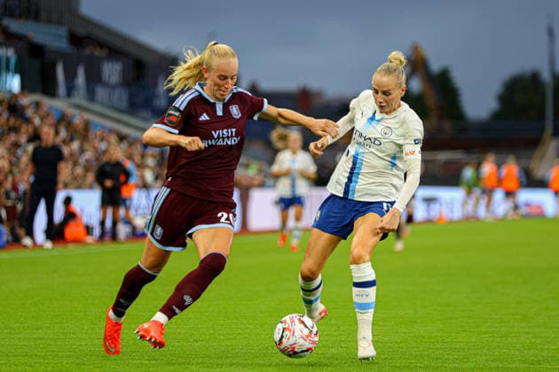 BIRMINGHAM, ENGLAND - September 13: Amalie Vangsgaard of Aston Villa and Alex Greenwood of Manchester City battle for the ball during the Barclays Womens Super League game between Aston Villa and Manchester City at Villa Park on September 13, 2026 in Birmingham, England. (Photo by Natalie Mincher Sports Press Photo SPP) Copyright: xNataliexMincher SPPx Sportspressphoto_SPR230079