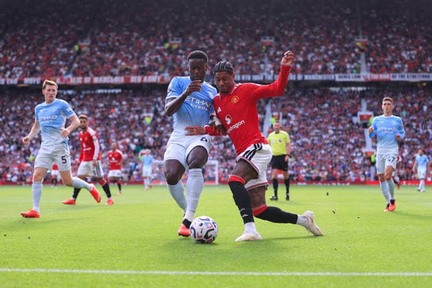 Football - Premier League - Manchester United, ManU v Manchester City 13th September 2026 - Premier League - Manchester United v Manchester City - Marc Guehi of Manchester City battles with Marcus Rashford of Manchester United - Photo: Simon Stacpoole Offside. Manchester UK Copyright: xSimonxStacpoolexOffside