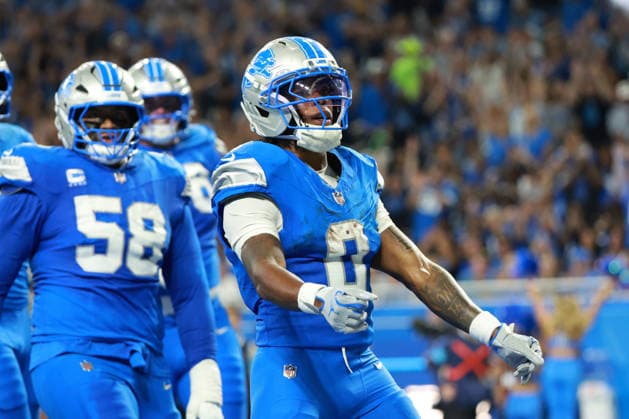 New Orleans Saints vs Detroit Lions DETROIT,MICHIGAN-SEPTEMBER 13: Running back Jahmyr Gibbs 0 of the Detroit Lions reacts after scoring a touchdown during the first half of an NFL, American Football Herren, USA football game between the New Orleans Saints and the Detroit Lions in Detroit, Michigan USA, on Sunday, September 13, 2026 Detroit Michigan United States  Copyright: xJorgexLemusx originalFilename:lemus-neworlea260913_npCBI.jpg