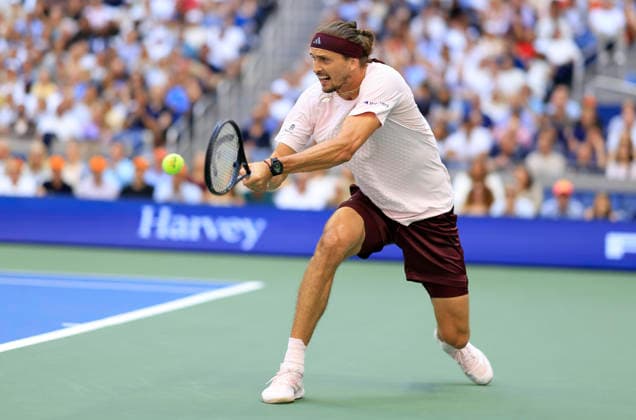 Alexander Zverev of Germany hits a backhand return to Ben Shelton in the first set of the Men s Finals match in Arthur Ashe Stadium at the 2026 US Open Tennis Championship at the USTA Billie Jean King National Tennis Center in New York City on Sunday, September 13, 2026.  NYP20260913805 COREYxSIPKIN