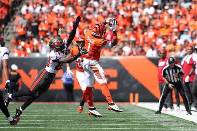 Sep 13, 2026; Cincinnati, OH, USA; Cincinnati Bengals WR JaÃ¢â‚¬â ¢Marr Chase makes a catch during WEEK 1 of the NFL, American Football Herren, USA regular season between the Cincinnati Bengals and the Tampa Bay Buccaneers at Paycor Stadium. Mandatory Credit: -Cal Media Cincinnati USA - ZUMAc04_ 20260913_zma_c04_108 Copyright: xKevinxSchultzx
