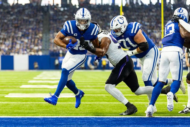 Sep 13, 2026; Indianapolis, IN, USA; Indianapolis Colts running back Jonathan Taylor (28) runs with the ball for a touchdown during NFL, American Football Herren, USA game action against the Baltimore Ravens at Lucas Oil Stadium. Mandatory Credit: -Cal Media Indianapolis USA - ZUMAc04_ 20260913_zma_c04_136 Copyright: xJohnxMersitsx