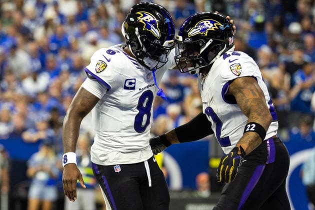 Sep 13, 2026; Indianapolis, IN, USA; Baltimore Ravens quarterback Lamar Jackson (8) and Baltimore Ravens running back Derrick Henry (22) celebrate a touchdown during NFL, American Football Herren, USA game action against the Indianapolis Colts at Lucas Oil Stadium. Mandatory Credit: -Cal Media Indianapolis USA - ZUMAc04_ 20260913_zma_c04_127 Copyright: xJohnxMersitsx