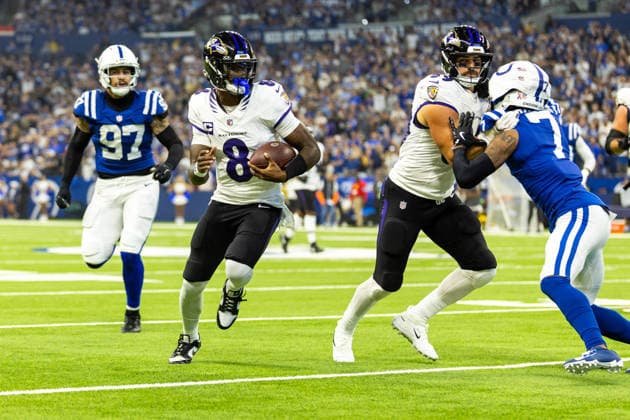 Sep 13, 2026; Indianapolis, IN, USA; Baltimore Ravens quarterback Lamar Jackson (8) runs with the ball during NFL, American Football Herren, USA game action against the Indianapolis Colts at Lucas Oil Stadium. Mandatory Credit: -Cal Media NFL 2026: Ravens Vs Colts SEP 13  - ZUMAc04_ 20260913_zma_c04_130 Copyright: xJohnxMersitsx