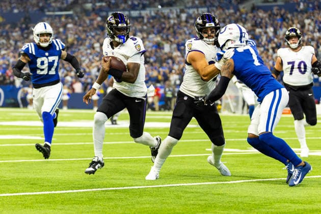 Sep 13, 2026; Indianapolis, IN, USA; Baltimore Ravens quarterback Lamar Jackson (8) runs with the ball during NFL, American Football Herren, USA game action against the Indianapolis Colts at Lucas Oil Stadium. Mandatory Credit: -Cal Media NFL 2026: Ravens Vs Colts SEP 13  - ZUMAc04_ 20260913_zma_c04_131 Copyright: xJohnxMersitsx