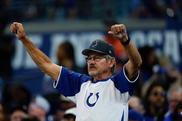 INDIANAPOLIS, IN - SEPTEMBER 13: A Indianapolis Colts fan is not happy with the performance in the second quarter of play during a NFL, American Football Herren, USA game between the Baltimore Ravens and the Indianapolis Colts on September 13, 2026 at Lucas Oil Stadium in Indianapolis, IN. (Photo by Jeffrey Brown Icon Sportswire) NFL: SEP 13 Ravens at Colts EDITORIAL USE ONLY Icon091326019