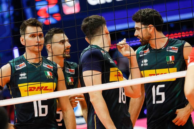 Italy™s Daniele Lavia and Italy™s Simone Giannelli during a Men™s Euro pool A volleyball match between Italy and Slovakia in Modena, Italy - September 13, 2026  Copyright: xLucaxDiliberto LaPressex