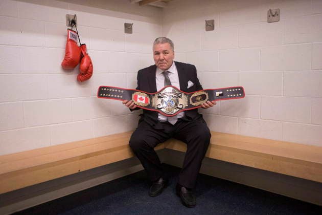 March 29, 2016, Toronto, On, CANADA: Former Canadian boxer George Chuvalo sits with a People s Champion belt presented to him at Toronto s Mattamy Centre, formerly known as Maple Leaf Gardens, on Tuesday, March 29, 2016. George Chuvalo  - ZUMAc35_ 20160329_zaf_c35_161 Copyright: xChrisxYoungx
