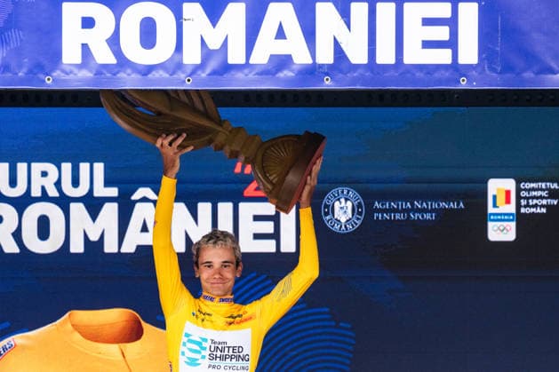 September 13, 2026, CYCLING TOUR OF ROMANIA, Stage 5 Bucharest Circuit 100 km, Bucuresti VAS Barnabas (HUN) from TEAM UNITED SHIPPING, winner of the 2026 Cycling Tour Of Romania celebrates with the special made trophy in memory of the Romanian sculptor Constantin Brancusi.