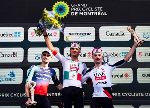 September 13, 2026, Montreal, Pq, CANADA: First place Isaac del Toro, of Mexico, riding for UAE Team Emirates XRG, celebrates with second place Paul Seixas, of France, racing for Decathalon CMA CGM Team, left, and third place winner Brandon McNulty, of USA, racing for UAE Team Emirates XRG, following the Grand Prix Cycliste de Montreal on Sunday, Sept. 13, 2026. Canada News - September 13, 2026 - ZUMAc35_ 20260913_zaf_c35_054 Copyright: xChristopherxKatsarovx