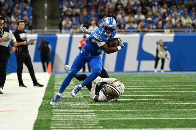 DETROIT, MI - SEPTEMBER 13: Detroit Lions running back Jahmyr Gibbs (0) avoids a tackle and runs upfield for a long gain during the Detroit Lions versus New Orleans Saints game on Sunday September 13, 2026 at Ford Field in Detroit, MI. (Photo by Steven King Icon Sportswire) NFL, American Football Herren, USA SEP 13 Saints at Lions EDITORIAL USE ONLY Icon2582026091301662