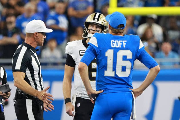 New Orleans Saints vs Detroit Lions DETROIT,MICHIGAN-SEPTEMBER 13: Referee Alan Eck talks to quarterback Tyler Shough 6 of the New Orleans Saints and quarterback Jared Goff 16 of the Detroit Lions before the cointoss prior to overtime of an NFL, American Football Herren, USA football game between the New Orleans Saints and the Detroit Lions in Detroit, Michigan USA, on Sunday, September 13, 2026 Detroit Michigan United States  Copyright: xJorgexLemusx originalFilename:lemus-neworlea260913_npbAm.jpg