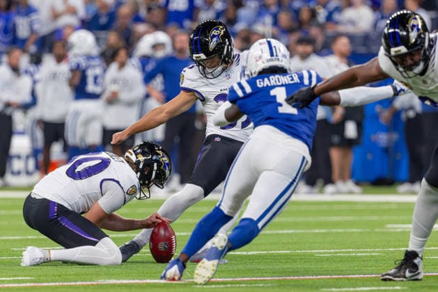 September 13, 2026, Indianapolis, Indiana, U.S: Baltimore Ravens kicker Tyler Loop (33) kicks an extra point during the game between the Baltimore Ravens and the Indianapolis Colts at Lucas Oil Stadium, Indianapolis, Indiana. NFL, American Football Herren, USA 2026 Ravens 41-23 Colts  - ZUMAs304 20260913_zaf_s304_006 Copyright: xScottxStuartx