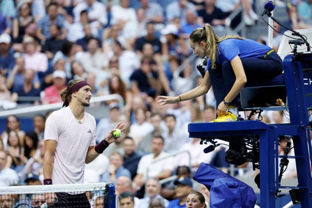 Alexander Zverev of Germany speaks to chair umpire Marijana Veljovic during the fourth set against Ben Shelton during the Men s Finals match in Arthur Ashe Stadium at the 2026 US Open Tennis Championship at the USTA Billie Jean King National Tennis Center in New York City on Sunday, September 13, 2026.  NYP20260913851 COREYxSIPKIN