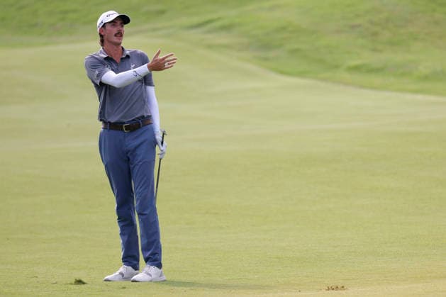 FRANKLIN, TN - SEPTEMBER 13: Ross Steelman of United States of America reacts after hitting a chip shot on No. 7 during the final round of the Simmons Bank Open for the Snedeker Foundation, September 13, 2026 at Vanderbilt Legends Club in Franklin, Tennessee. (Photo by Matthew Maxey Icon Sportswire) GOLF: SEP 13 Korn Ferry Tour Simmons Bank Open EDITORIAL USE ONLY Icon260913028