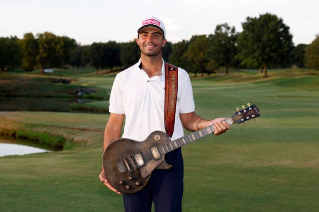 FRANKLIN, TN - SEPTEMBER 13: Alvaro Ortiz of Mexico poses with the championship trophy guitar after winning the Simmons Bank Open for the Snedeker Foundation, September 13, 2026 at Vanderbilt Legends Club in Franklin, Tennessee. (Photo by Matthew Maxey Icon Sportswire) GOLF: SEP 13 Korn Ferry Tour Simmons Bank Open EDITORIAL USE ONLY Icon260913037