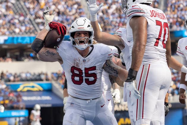 INGLEWOOD, CA - SEPTEMBER 13: Trey McBride 85 of the Arizona Cardinals celebrates his touchdown during an NFL, American Football Herren, USA game between the Arizona Cardinals and the Los Angeles Chargers on September 13, 2026, at SoFi Stadium in Inglewood, California. (Photo by Greg Fiore Icon Sportswire) NFL: SEP 13 Cardinals at Chargers EDITORIAL USE ONLY Icon2609132044
