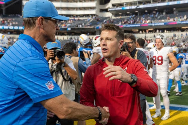 INGLEWOOD, CA - SEPTEMBER 13: Head coach Mike LaFleur of the Arizona Cardinals greets head coach Jim Harbaugh of the Los Angeles Chargers following an NFL, American Football Herren, USA game between the Arizona Cardinals and the Los Angeles Chargers on September 13, 2026, at SoFi Stadium in Inglewood, California. (Photo by Greg Fiore Icon Sportswire) NFL: SEP 13 Cardinals at Chargers EDITORIAL USE ONLY Icon2609132443