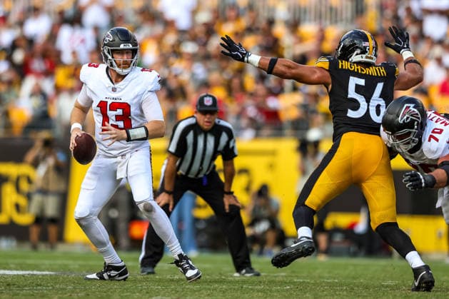 September 13, 2026, Pittsburgh, Pennsylvania, USA: Pittsburgh Steelers linebacker ALEX HIGHSMITH (56) puts pressure on Atlanta Falcons quarterback COOPER RUSH (13) during the NFL, American Football Herren, USA football game between the Pittsburgh Steelers and the Atlanta Falcons in Pittsburgh, Pennsylvania. NFL 2026: Falcons 13: 20 Steelers  - ZUMAg257 20260913_zsp_g257_029 Copyright: xBrentxGudenschwagerx