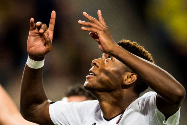 Österrikes David Alaba jublar efter sitt 0-1 mal under fotbollsmatchen i EM-kvalet mellan Sverige och Österrike den 8 september 2015 i Stockholm. Stockholm Sverige Copyright: xPetterxArvidsonx