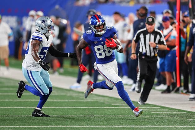 EAST RUTHERFORD, NJ - SEPTEMBER 13: Malachi Fields 88 of the New York Giants runs after the catch during the game against the Dallas Cowboys on September 13, 2026 at MetLife Stadium in East Rutherford, New Jersey. (Photo by Rich Graessle Icon Sportswire) NFL, American Football Herren, USA SEP 13 Cowboys at Giants EDITORIAL USE ONLY Icon26091331709