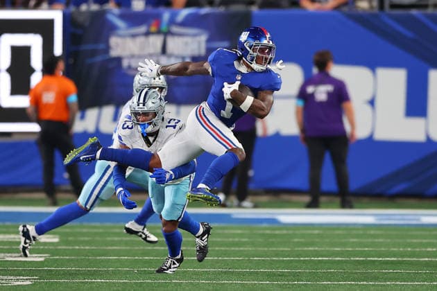 EAST RUTHERFORD, NJ - SEPTEMBER 13: Malik Nabers 1 of the New York Giants runs after the catch during the third quarter of the game against the Dallas Cowboys on September 13, 2026 at MetLife Stadium in East Rutherford, New Jersey. (Photo by Rich Graessle Icon Sportswire) NFL, American Football Herren, USA SEP 13 Cowboys at Giants EDITORIAL USE ONLY Icon26091331720