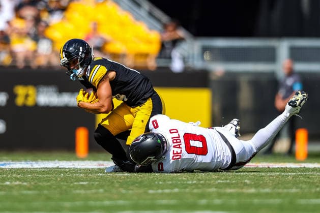 September 13, 2026, Pittsburgh, Pennsylvania, USA: Pittsburgh Steelers wide receiver ROMAN WILSON (14) makes a catch while covered by Atlanta Falcons linebacker DIVINE DEABLO (0) during the NFL, American Football Herren, USA football game between the Pittsburgh Steelers and the Atlanta Falcons in Pittsburgh, Pennsylvania. NFL 2026: Falcons 13: 20 Steelers  - ZUMAg257 20260913_zsp_g257_102 Copyright: xBrentxGudenschwagerx