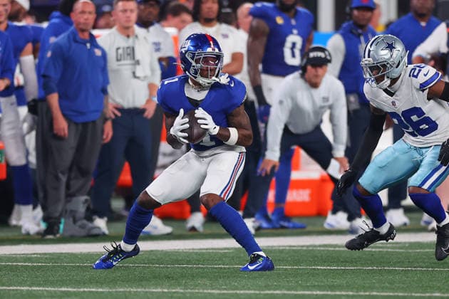 EAST RUTHERFORD, NJ - SEPTEMBER 13: Malik Nabers 1 of the New York Giants makes a catch during the game against the Dallas Cowboys on September 13, 2026 at MetLife Stadium in East Rutherford, New Jersey. (Photo by Rich Graessle Icon Sportswire) NFL, American Football Herren, USA SEP 13 Cowboys at Giants EDITORIAL USE ONLY Icon26091331749