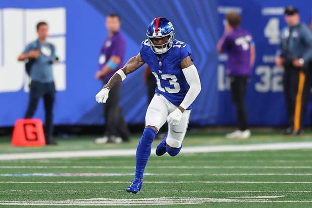 EAST RUTHERFORD, NJ - SEPTEMBER 13: Odell Beckham Jr. 13 of the New York Giants runs a route during the game against the Dallas Cowboys on September 13, 2026 at MetLife Stadium in East Rutherford, New Jersey. (Photo by Rich Graessle Icon Sportswire) NFL, American Football Herren, USA SEP 13 Cowboys at Giants EDITORIAL USE ONLY Icon26091331756