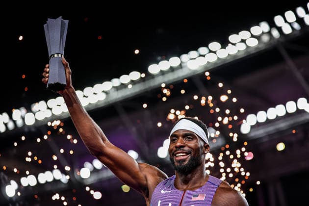 (260914) -- BUDAPEST, Sept. 14, 2026 -- Kenneth Bednarek of the United States reacts during the awarding ceremony of the men s 200m race at the World Athletics Ultimate Championship in Budapest, Hungary, Sept. 13, 2026. (Photo by Xinhua) (SP)HUNGARY-BUDAPEST-WORLD ATHLETICS ULTIMATE CHAMPIONSHIP-MEN S 200M DavidxBalogh 