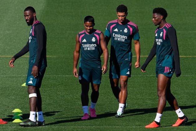 September 14, 2026, Valdebebas, Madrid, Spain: Antonio Rudiger, Endrick, Jude Bellingham and Aurelien Tchouameni during the training day of Real Madrid ahead the Spanish League, LaLiga EA Sports, football match against Elche CF at Ciudad Deportiva Real Madrid on September 14, 2026, in Valdebebas, Madrid, Spain. Real Madrid Training And press conference, PK, Pressekonferenz - Laliga Ea Sports  - ZUMAa181 20260914_zaa_a181_029 Copyright: xDennisxAgyemanx