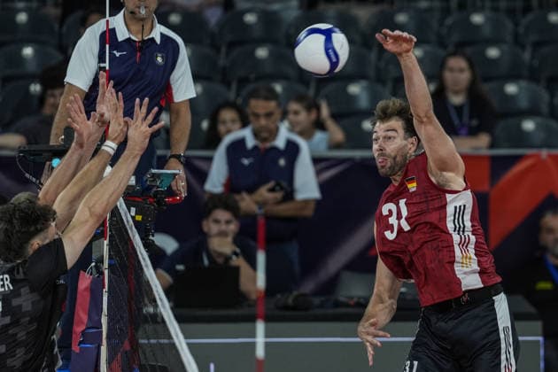 Germany v Switzerland - CEV EuroVolley 2026 Men CLUJ-NAPOCA, ROMANIA - SEPTEMBER 14: Yann Bohme (R) of Germany in action during the CEV EuroVolley 2026 Pool D match between Germany and Switzerland at BT Arena in Cluj-Napoca, Romania, on September 14, 2026. Osmancan Gurdogan Anadolu Cluj Romania. Editorial use only. Please get in touch for any other usage.  Copyright: x2026xAnadoluxOsmancanxGurdoganx